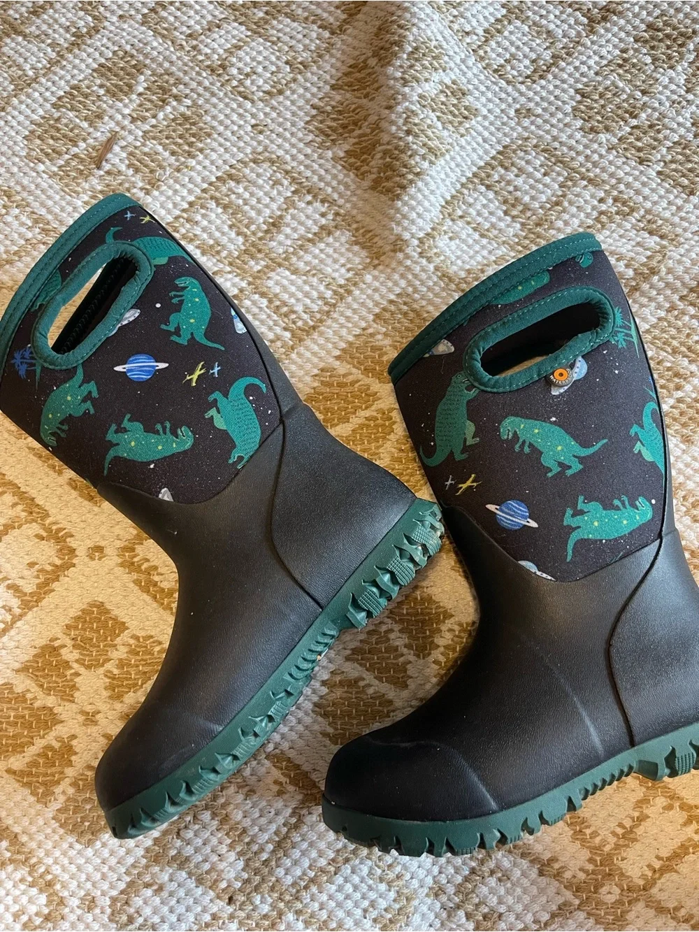 Bogs Black & Green Kids Dino Space Rain Boots